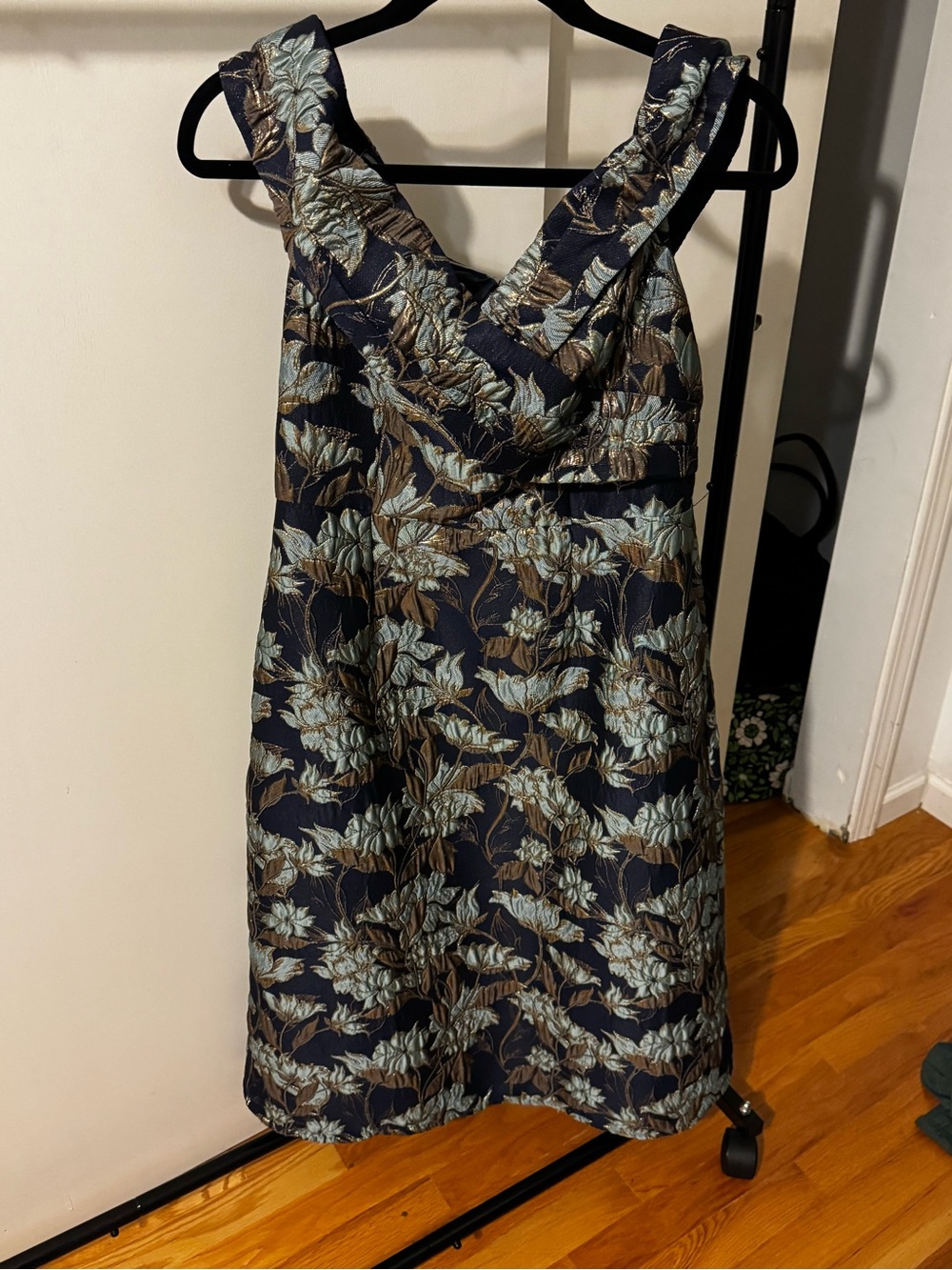 Adrianna Papell Navy and Gold Floral Off-Shoulder Jacquard Dress - Picture 3 of 4